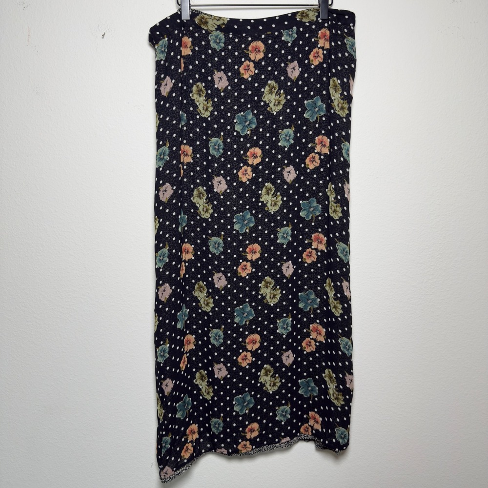 VTG 90s Women Reversible Whimsigoth Maxi Skirt XL Black Floral Polka Dot Boho